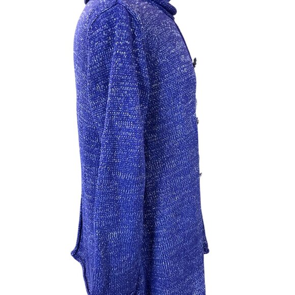 Soft Surroundings 3/4 Sleeve Navy Metallic Cowl Neck Button Front Sweater M/L - Picture 4 of 8